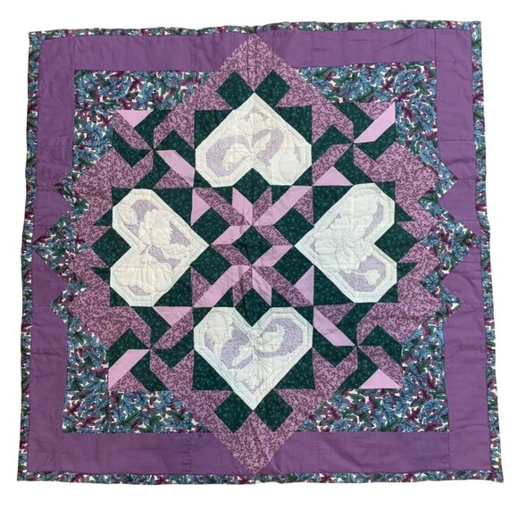 Handmade Flowers Hearts Patchwork Purple Tapestry Wall Decor Hanging 33" EUC - Picture 1 of 3
